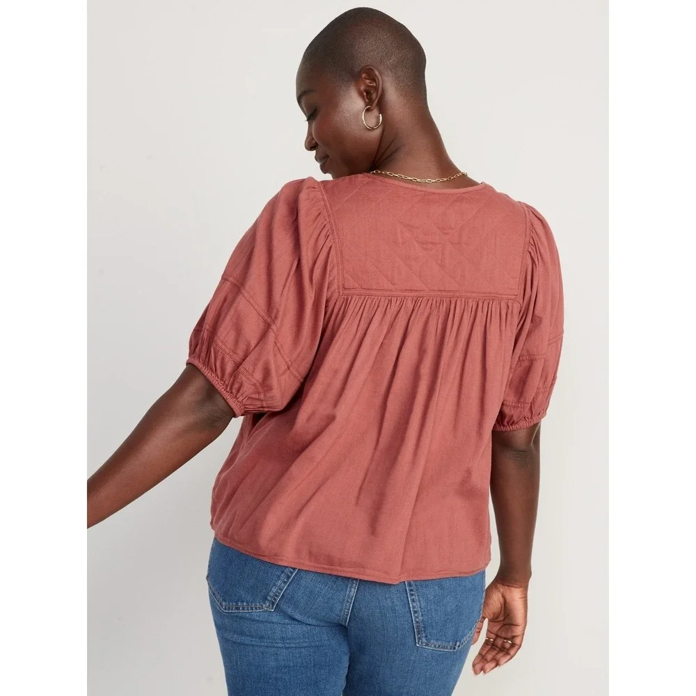 Old Navy Quilted Yoke Peasant Top XXL Rust Mauve Boho Puff Sleeve Blouse Prairie